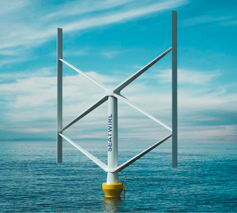 Vertikalachsige Windturbine mit der Bezeichnung "SeaTwirl", die auf einem ruhigen Meer unter einem blauen Himmel mit Wolken schwimmt. - © Simulation: SeaTwirl AB