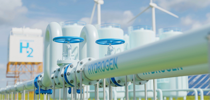 Wasserstoffpipelines und Lagertanks in einer Anlage für erneuerbare Energien mit Windturbinen im Hintergrund. - © Foto: Yingyaipumi - stock.adobe.com