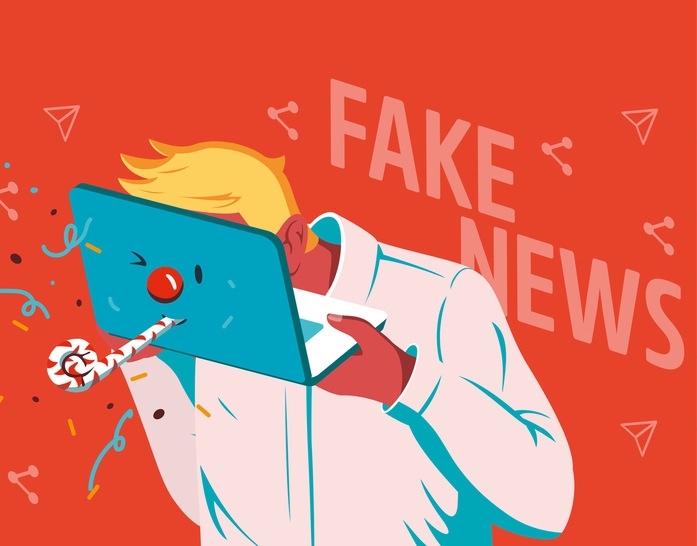 Eine Person, die ihr Gesicht in einen Laptop steckt, mit "FAKE NEWS" und Partykonfetti im Hintergrund. - © Illu: Andrii - stock.adobe.com