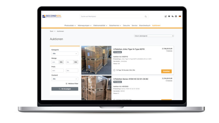 Auf der Auktionsplattform von Secondsol stehen verschiedene Komponenten für die Solaranlage und die Sektorkopplung zum Verkauf.