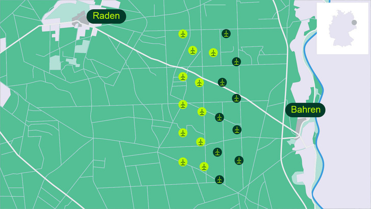 Perigus-Energy-Projekt Bahren West II (dunkelblau): Der 112-Megawatt-Windpark soll als eines der größeren Projekte von Perigus Energy im Sommer 2026 in die abschließende Bauphase mit Fundamentguss und Turbinenerrichtungen übergehen. Hier entstehen 11 Anlagen östlich der voriges Jahr in Betrieb genommenen 9 Anlagen von Bahren West I.