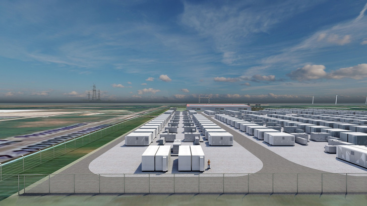 Zum Vergleich: Schematischer Aufbau des geplanten Batteriespeichers mit 254 Megawatt von Vattenfall in Brunsbüttel, Ende 2025 bei der Projektvorstellung noch mit 700 Megawattstunden (MWh) Speichervolumen vorgesehen, inzwischen mit 1.000 MWh. Die finale Investitionsentscheidung traf der Konzern im September 2026.