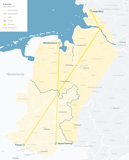 Plan für das Gleichstrom-Erdkabel, das Tennet und Amprion bauen wollen.
