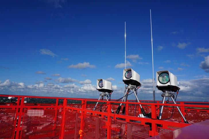 Drei moderne Lidar-Messgeräte auf einer Gondel.
