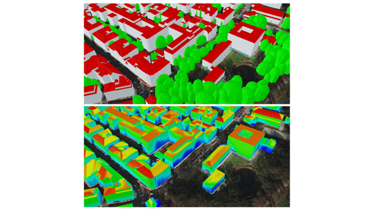 Die Forscher haben die Gebäude als Quader mit Flachdach modelliert. Allerdings haben sie auf der Basis der Geodaten der Bayerischen Vermessungsverwaltung aus dem Jahr 2019 die Verschattung mit eingerechnet. - © Behnisch et al./IÖR