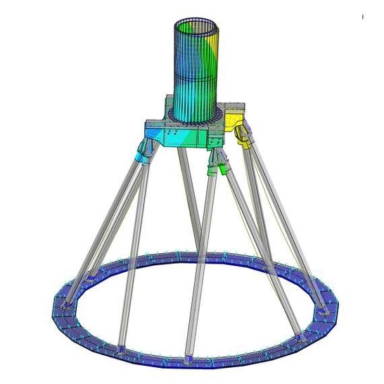 Windturm-Fundament | Das Fundament der HTW Saar ist 25 Meter hoch. Vier V-förmig zusammenlaufende Stützpaare verbinden den unteren Fundamentring mit dem oberen Betonkranz. Darauf kommt ein Stahlturm.