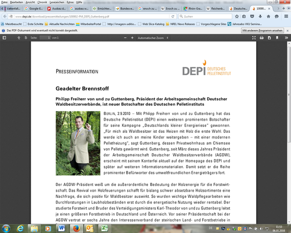 Freiherr Philipp zu Guttenberg | Philipp zu Guttenberg, Präsident des Waldbesitzerverbandes seit 2010 als Pelletbotschafter: Für vollständige wirtschaftliche Nutzung des Waldes, einschließlich konsequenter Verarbeitung auch von Totholz etwa zu Energieholz - aber wegen Landschaftsschutz gegen Windkraft im Wald. Zu Guttenberg ist auch "Botschafter" für die Pellet-Energieholzverarbeitung.