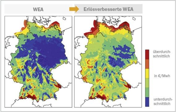 Der Marktwertatlas. Links sieht man, dass im nördlichen Binnenland der Ertrag gering ausfällt. Dort gibt es viele Anlagen, die zur selben Zeit einspeisen und den Erlös damit schmälern. - © Grafik: anemos