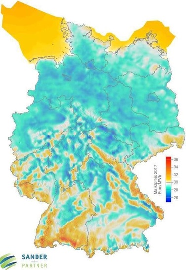 marktpreis 2017 sander deutschland | Die Marktpreise für Windstrom aus Süddeutschland waren 2017 die höchsten im bundesweiten Windstrom-Preisvergleich. Nur Strom aus Offshore-Windparks ließ sich ähnlich gut vermarkten: Ergebnis der "Kurzstudie zur Marktintegration von Windstrom in Deutschland". - © SANDER + PARTNER