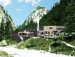 DAV-Höllentalangerhütte | So soll die neue Höllentalangerhütte im Wettersteingebirge aussehen. Strom liefern künftig ein Wasserkraftwerk, eine Photovoltaikanlage, aber auch ein Blockheizkraftwerk.