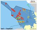 Offshore-Windparks in der Nordsee | The planned Albatross wind farm is some 105 km from Borkum and Helgoland. On this map, it is the orange-shaded area in the northernmost green outlined field, roughly in the center of the map. To the west and north is the red-shaded project Global Tech I.