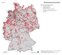 Verteilung der Windkraftanlagen in Deutschland nach Ländern 2012 | Kaum Wind im Süden. Mit der Länderöffnungsklausel könnte dieses Bild auf ewig gelten. - © Bundesinstitut für Bau-, Stadt-, und Raumforschung