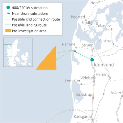 Windparkentwicklungsfeld Thor, 20 Kilometer vor der Westküste Jütlands. Der Windpark soll 2027 ans Netz.