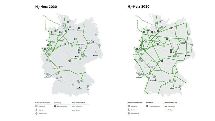 Das Wasserstoffnetz wird bis 2030 zumindest erste Wasserstoffmengen durchs Land transportieren können und zeigt sich 2050 dann relativ engmaschig.