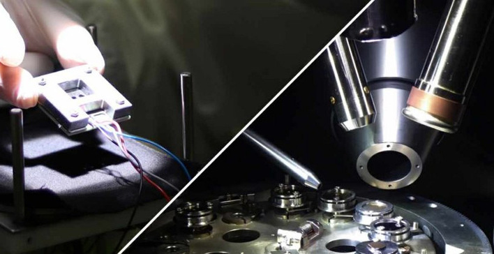 Mit  dieser kontaktierten Tandemzelle (links) haben die Forscher einen Wirkungsgrad von 24 Prozent erreicht. Rechts im Bild: die Messapparatur für die Untersuchung der Energieniveaus mittels Photoelektronenspektroskopie