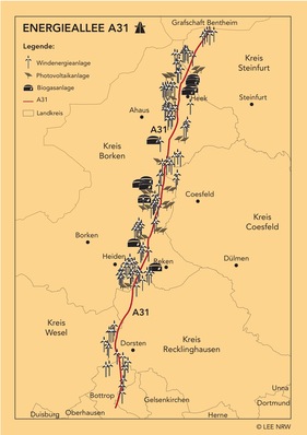 Einen 100 km langer Abschnitt der A31 zwischen den Autobahnkreuzen Bottrop und Schüttorf hat der LEE NRW zur ersten Bundesautobahn-Energieallee „umgewidmet“.