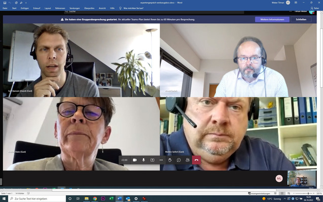 Expertengespräch über Engpass Windenergiejobs im Oktober 2022 mit Ivo Claessen, Siemens Gamesa, Arwid Detlefs, Birn und Partners, Andrea Bube, PNE und Marten Seifert, Recase (von links oben nach rechts unten)