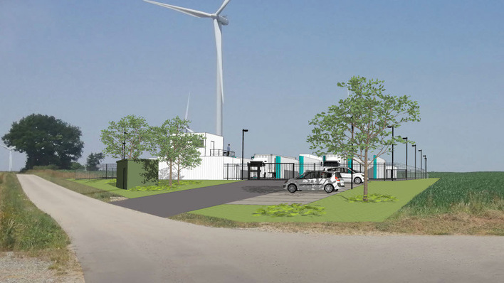 Lhyfe nutzt den Strom aus der benachbarten Windanlage, um in der Bretagne grünen Wasserstoff zu produzieren.