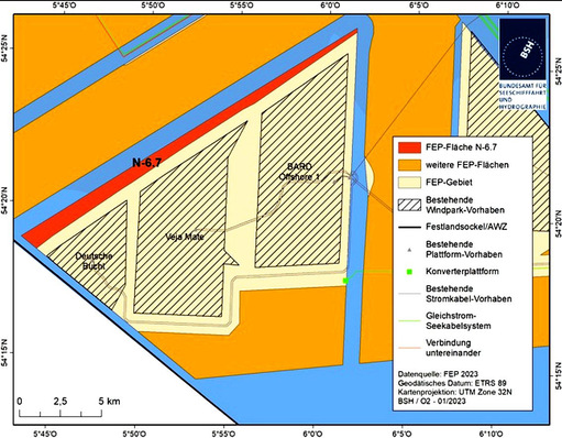 Nordsee-Offshore-Windparkentwicklungsfeld N-6.7, wo der Windpark Waterkant bis 2028 entstehen soll.