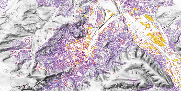 Das Solarpotenzial der baden-württembergischen Landeshauptstadt Stuttgart. Die gelbe Farbe bedeutet, dass das Solardach-Potenzial – also die Eignung für eine solare Energiegewinnung – hoch ist. Die anderen Farben bedeuten in Abstufungen bis dunkelblau ein niedrigeres Potenzial.