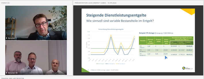 Webinar mit Leag Energy Cubes (Bild unten links, von links nach rechts): Christian Fünfgeld, Harald Altmann, Philipp Schwerdtner