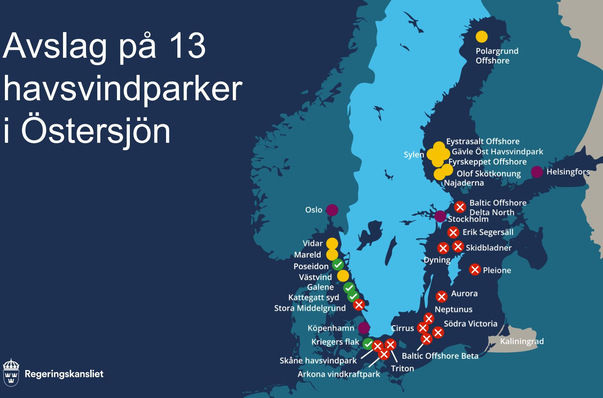 Genehmigte und abgelehnte Offshore-Windparks in Schweden nach der Ankündigung der schwedischen Regierung am 4. November, 13 Meereswindkraftvorhaben zu streichen. Dies diene der Verteidigungsfähigkeit des Landes auf See.