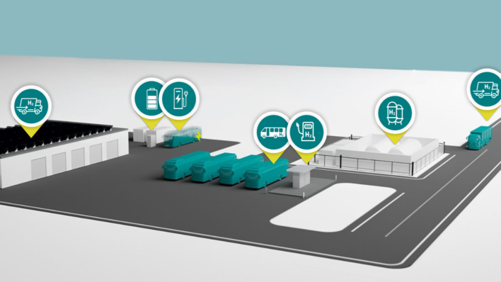 Ein vorläufiges Konzeptbild, wie eine mögliche Wasserstoffproduktionsanlage und eine Wasserstofftankstelle aussehen könnten.