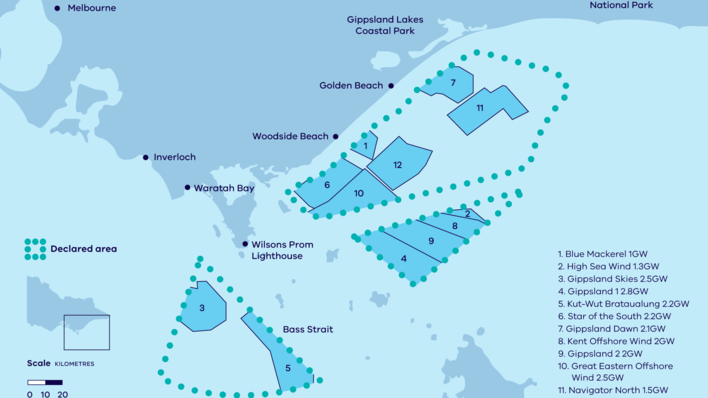 Australien: Gippsland-Zone für 13 Offshore-Windpark-Projektierungen vor dem australischen Bundesstaat Victoria mit einem Potenzial von zusammen 25 Gigawatt (GW) und …