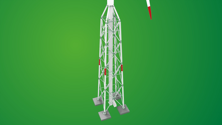 Der Holzhybridturm benötigt weniger Material, auch für die vier Fundamente.