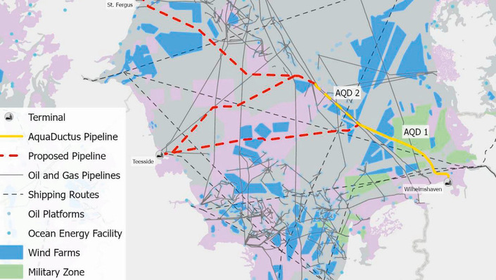 © Bild: dena/adelphi/ARUP Pipelineprojekt Aquaductus (gelb), empfohlene britische Röhren (rot)