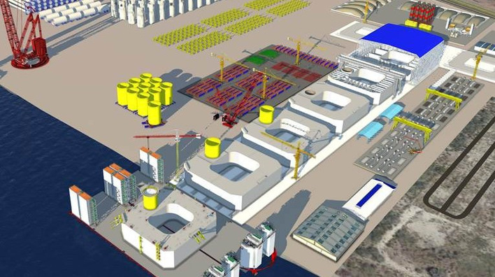 Geplante BW-Ideol-Serienfertigung der Halbtaucher-Schwimmfundamente mit Wasserspiegel-Dämpfer vom Typ Floatgen, Standort Mittelmeer, Fos-sur-Mer