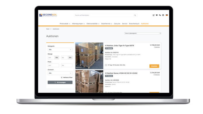 Auf der Auktionsplattform von Secondsol stehen verschiedene Komponenten für die Solaranlage und die Sektorkopplung zum Verkauf.