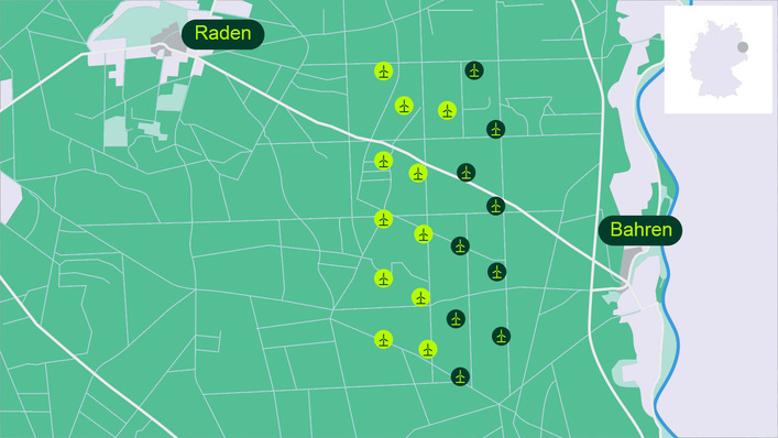 Perigus-Energy-Projekt Bahren West II (dunkelblau): Der 112-Megawatt-Windpark soll als eines der größeren Projekte von Perigus Energy im Sommer 2026 in die abschließende Bauphase mit Fundamentguss und Turbinenerrichtungen übergehen. Hier entstehen 11 Anlagen östlich der voriges Jahr in Betrieb genommenen 9 Anlagen von Bahren West I.