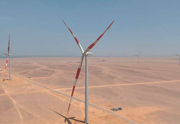 Windpark mit 500 Megawatt (MW) bei Ras Ghareb,  Ägypten, 2025. Projektierer und wohl Investor: Amea Power aus Dubai. Noch 2024 nahm Amea Power ein 500-MW-Solarfeld im Land in Betrieb.