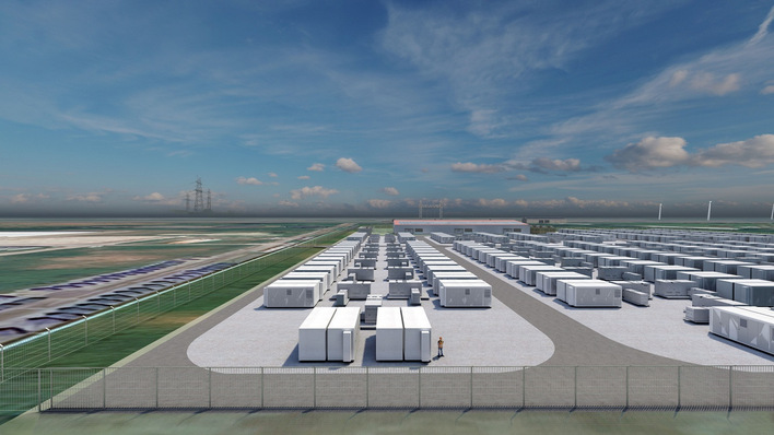Zum Vergleich: Schematischer Aufbau des geplanten Batteriespeichers mit 254 Megawatt von Vattenfall in Brunsbüttel, Ende 2025 bei der Projektvorstellung noch mit 700 Megawattstunden (MWh) Speichervolumen vorgesehen, inzwischen mit 1.000 MWh. Die finale Investitionsentscheidung traf der Konzern im September 2026.
