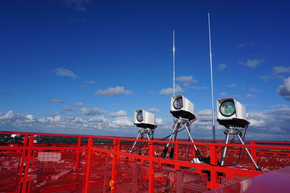 Drei moderne Lidar-Messgeräte auf einer Gondel.