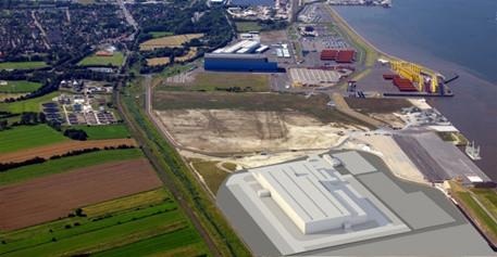 Das neue Siemens Werk in Cuxhaven: Ein Rendering gibt einen ersten Eindruck, wie sich die Windenergie-Maschinenhausfabrik im östlichen Hafengelände einfügt.