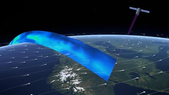 Forschungssatellit Aeolus misst Winddaten | Der Erdbeobachtungssatellit Aeolus misst Windprofile mit LIDAR-Technik.