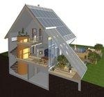 Sonnenhaus 3D Darstellung | Üppige Kollektorfläche und großer Speicher, das sind die zentralen Bauelemente in einem Sonnenhaus. Mit ihnen kommt mindestens die Hälfte der Heizenergie aus einer Solarthermieanlage. Den Rest liefert in der Regel eine Holzfeuerung.