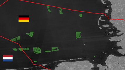 In der Deutschen Bucht sind die Offshore-Windanlagen in ihren Gruppierungen gut zu erkennen. Rot eingezeichnet sind die Landesgrenzen nach Dänemark (oben) und zu den Niederlanden (links).