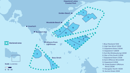 Australien: Gippsland-Zone für zuletzt noch 12 Offshore-Windpark-Projektierungen vor dem australischen Bundesstaat Victoria mit einem Potenzial von zusammen 25 Gigawatt